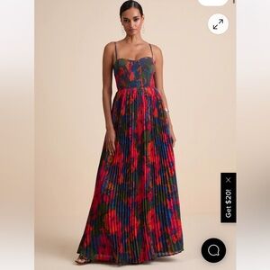 Lulus Kinleigh Red Multi Abstract Pleated Bustier Maxi Dress size M